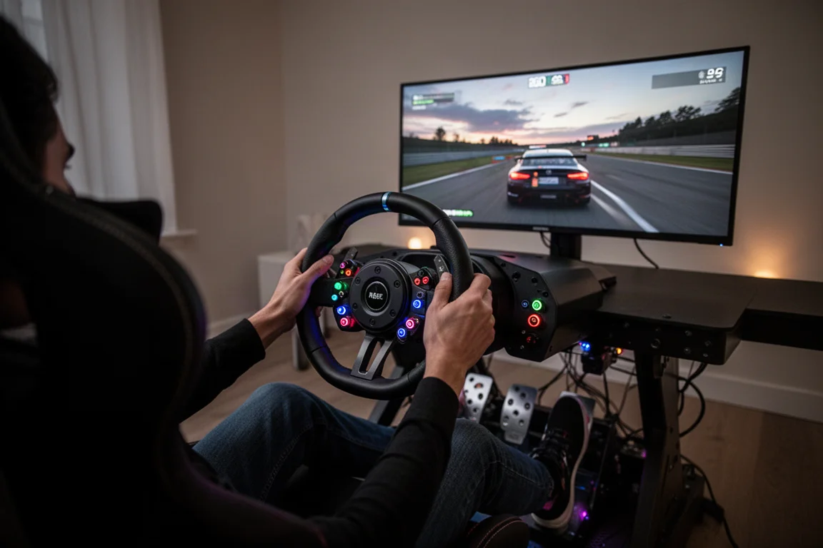 Sim-Racer beim Fahren in der Dämmerung mit Händen am Rundlenkrad und Füßen auf den Pedalen