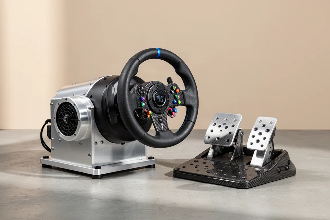 Base direct drive Asetek Initium, volante e pedali disposti su una superficie di cemento