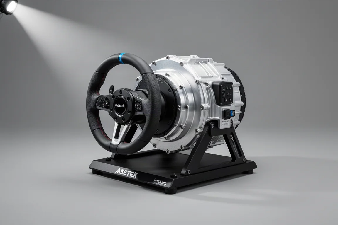 Asetek Initium Direct-Drive-Basis, Lenkrad und Pedale auf einer Betonfläche angeordnet