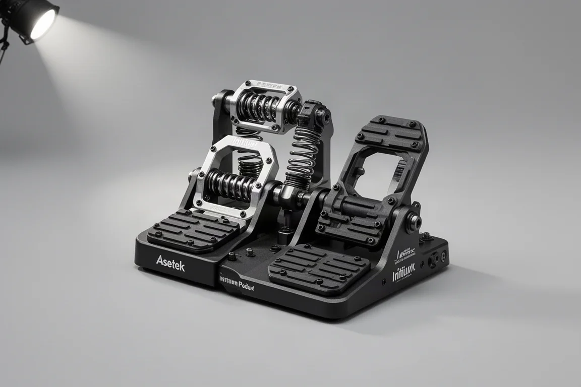 Asetek Initium Direct-Drive-Wheelbase, Lenkrad und Pedale auf einer Betonoberfläche angeordnet