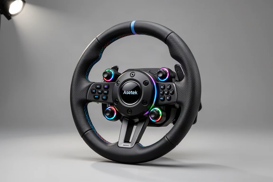 Asetek Initium Direct-Drive-Wheelbase, Lenkrad und Pedale auf einer Betonfläche angeordnet