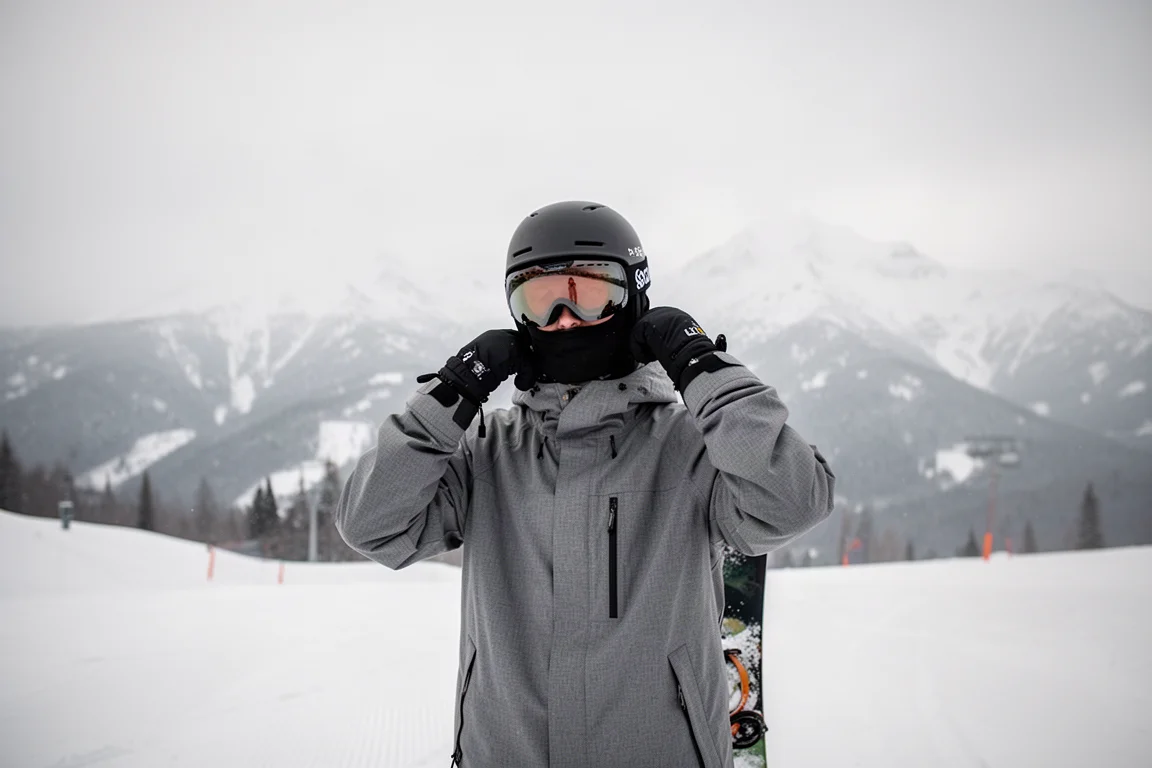 Snowboarder stellt auf einer verschneiten Piste im sanften Winterlicht seine Goggle ein