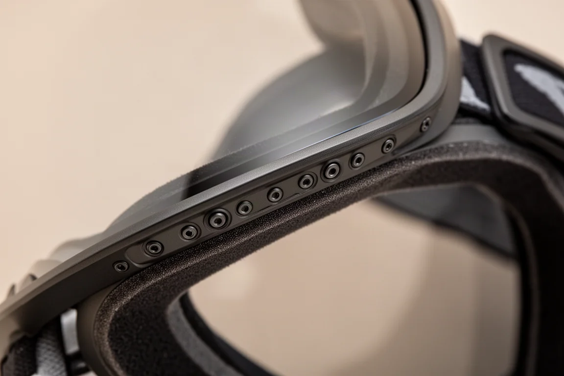 Detailaufnahme der schmalen Kante eines schlanken magnetischen Goggle-Rahmens