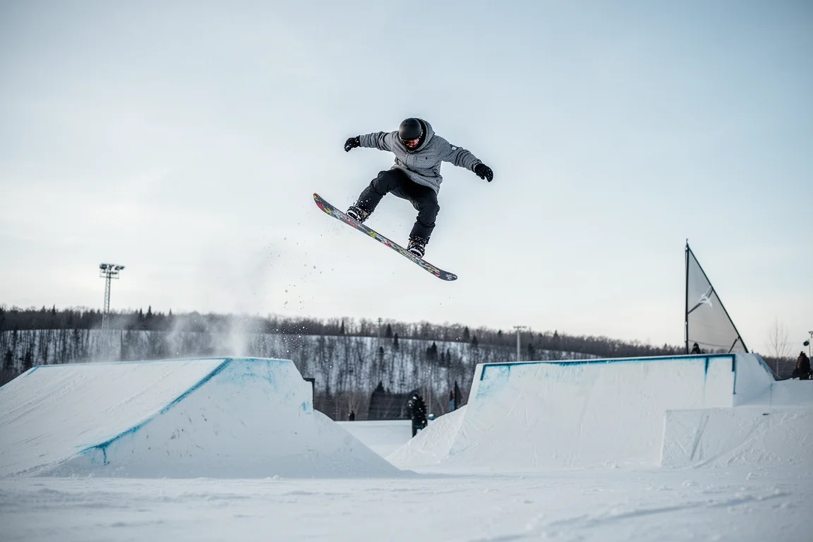 Snowboarder dreht einen Sprung vor klarem Himmel