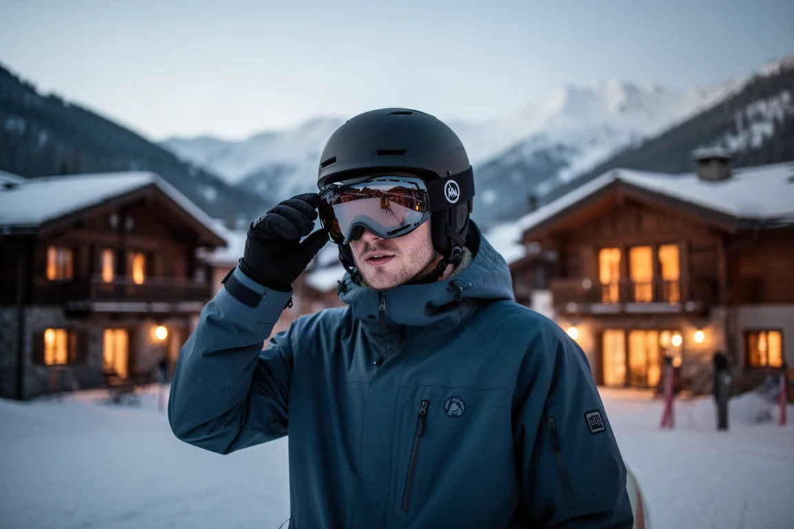 Snowboarder prüft in einem Bergdorf bei Dämmerung den Sitz seiner Goggle