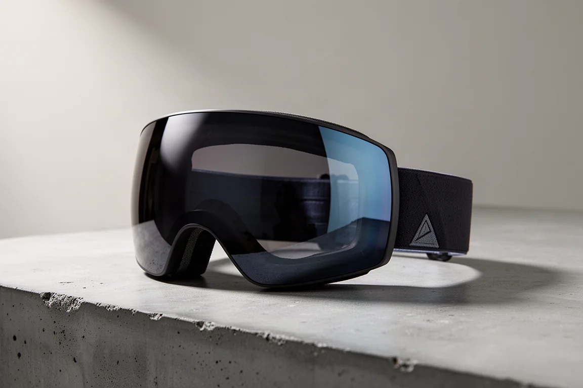 Snowboard-Goggle mit flachem Rahmen und dunklem Glas auf einer Betonfläche