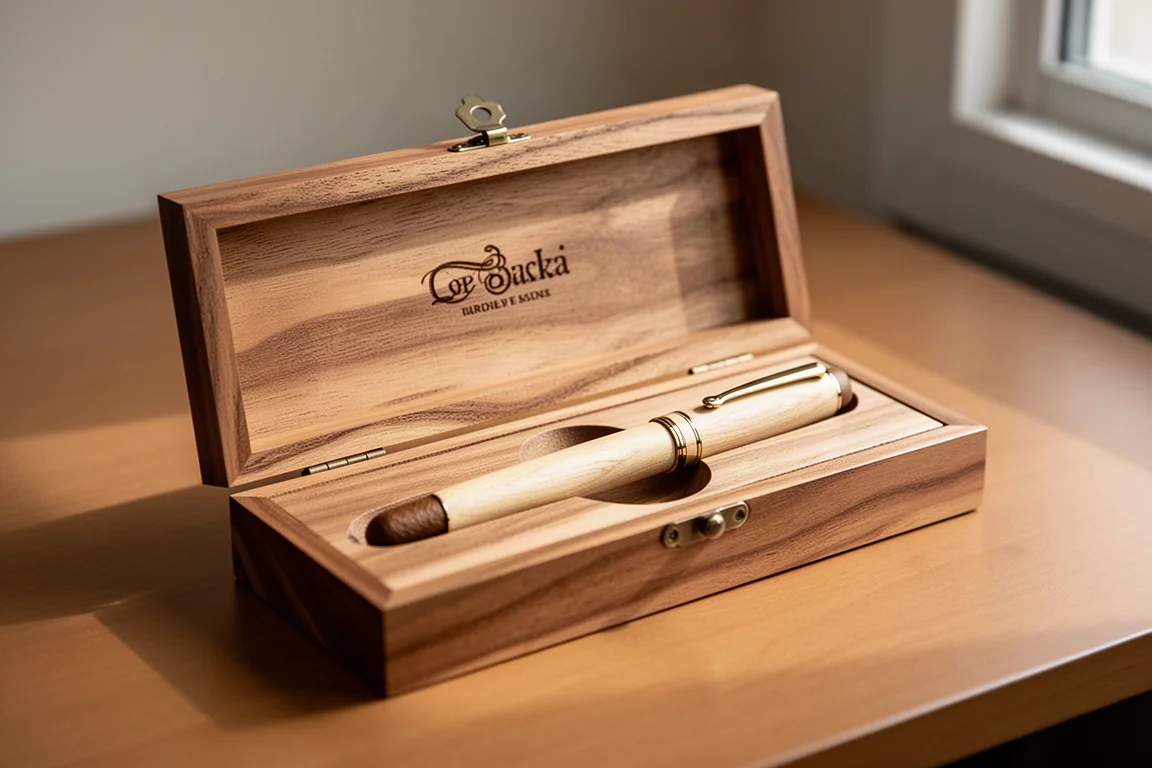 Pluma estilográfica apoyada en un estuche artesanal de madera grabado sobre un escritorio