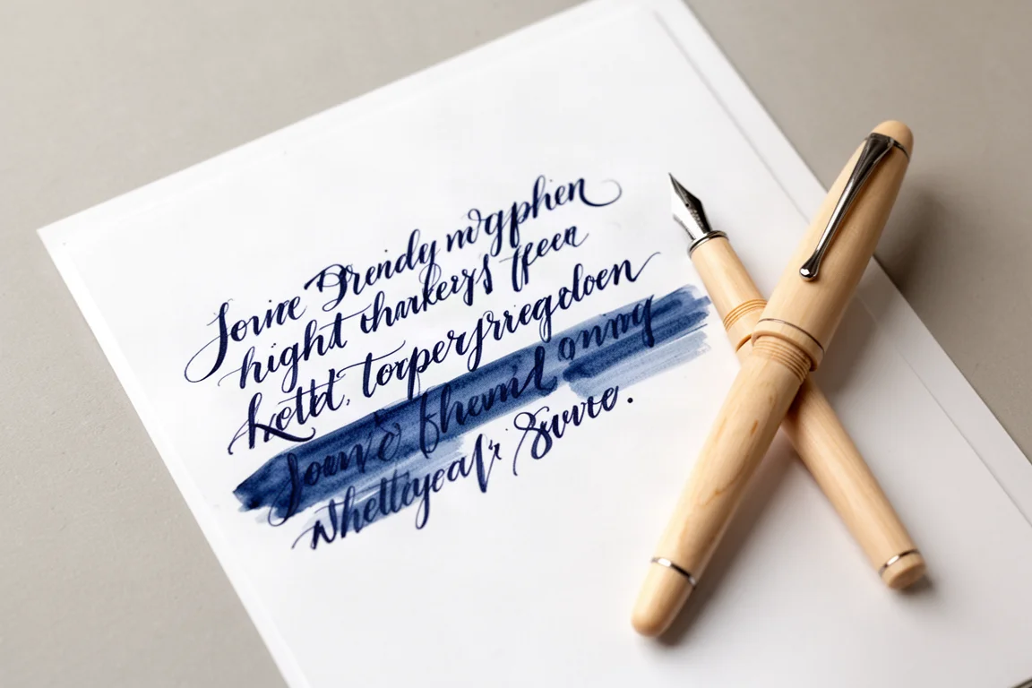 Pluma estilográfica escribiendo con tinta azul intenso y sombreado visible sobre papel blanco