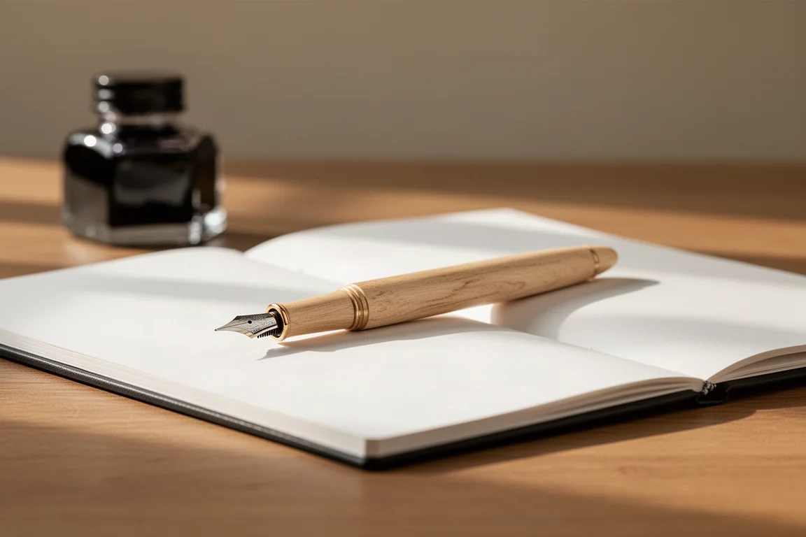 Gran pluma estilográfica de madera descansando sobre un cuaderno abierto durante una sesión de escritura