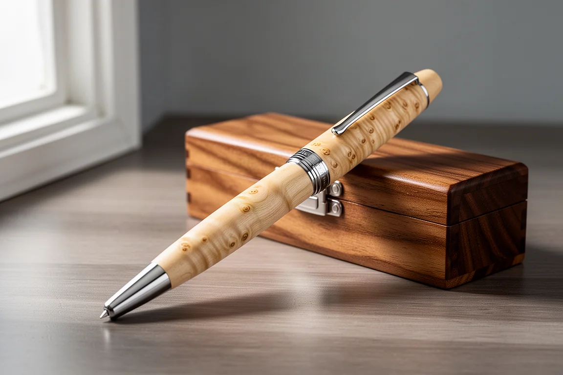 Stilografica fatta a mano in legno chiaro a forma di sigaro appoggiata accanto a una custodia in legno su una scrivania