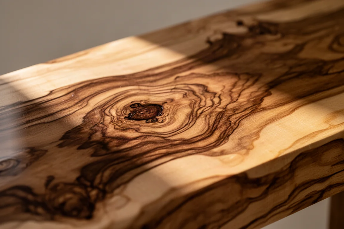 Olive wood fountain pen grain detail with dark swirling patterns under warm light