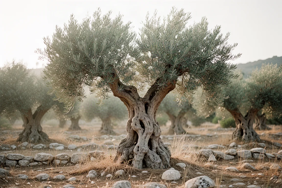 Olive tree with twisted gnarled trunk in Mediterranean landscape