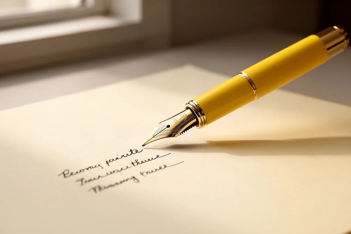 Fountain pen nib writing on cream paper at a desk