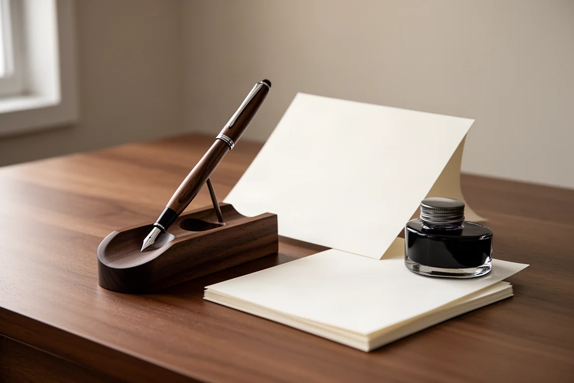 Elegant minimal desk setup with a wooden pen cradle and stationery