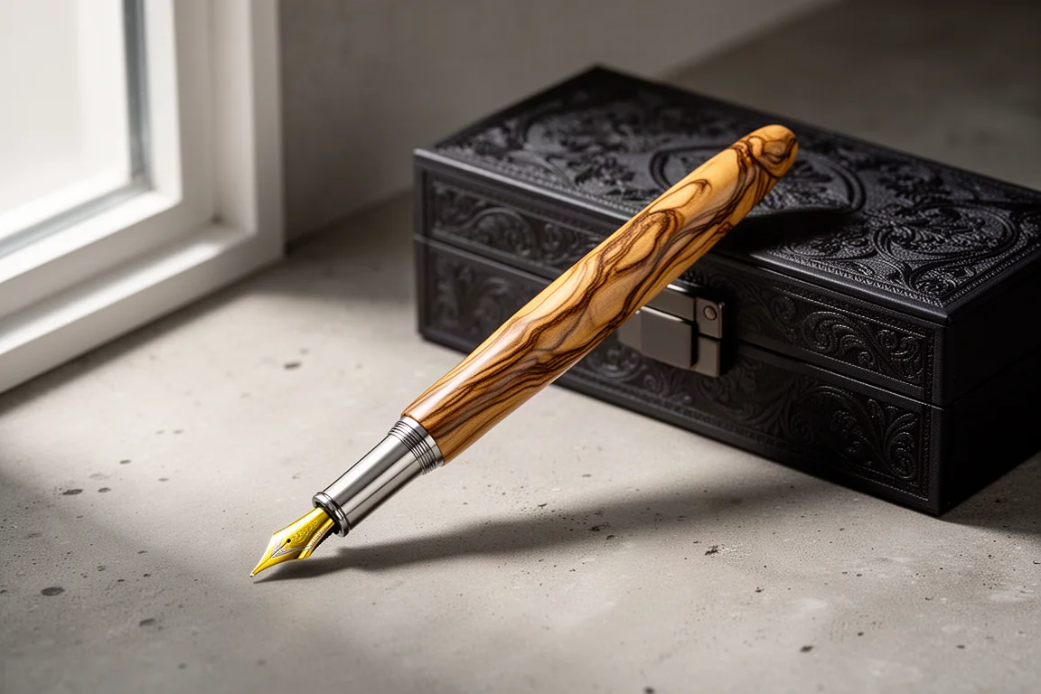Ashera Aion olive wood fountain pen with gold nib beside its presentation box