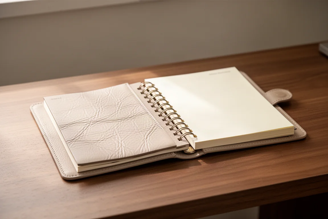Planner ad anelli compatto con copertina in pelle morbida aperto su una scrivania in legno
