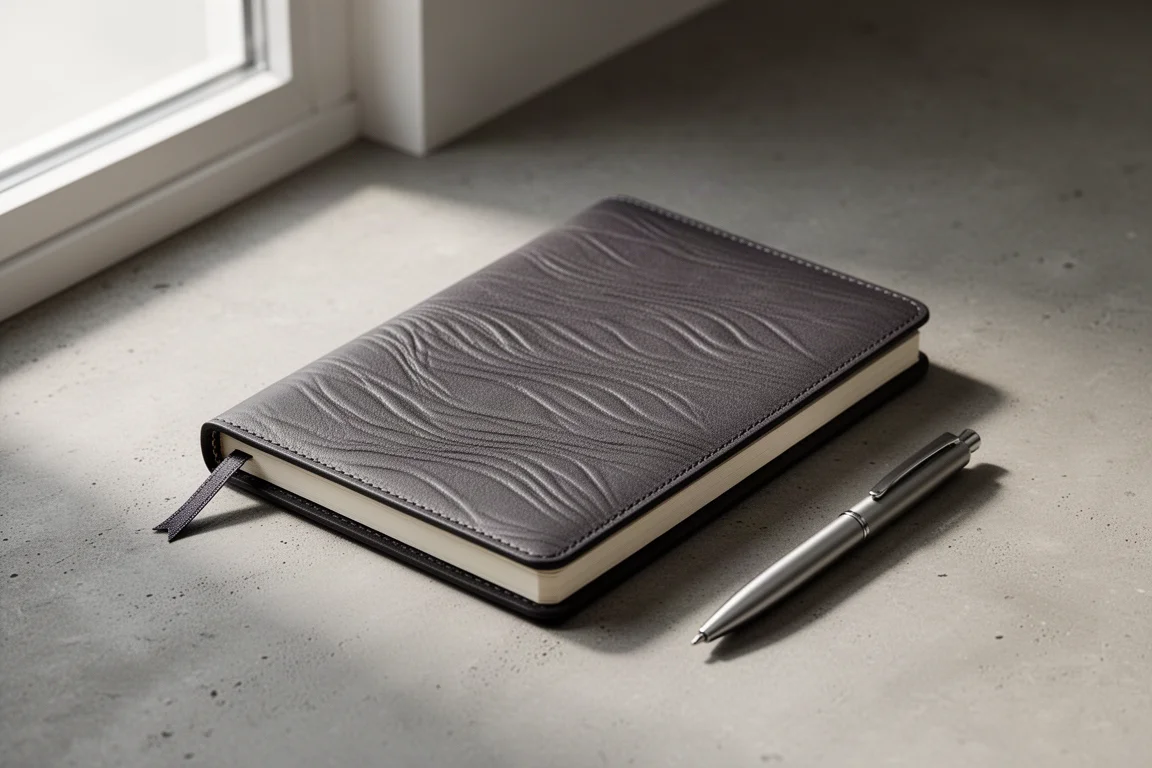Ashford Carol Micro5 lamb-leather ring planner on a concrete surface with a slim pen