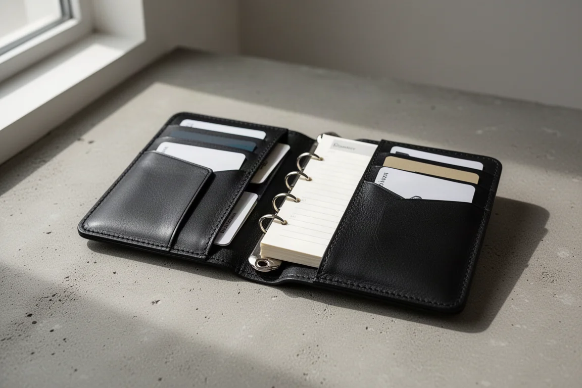 Agenda en cuir noir ouvert montrant des porte-cartes et un classeur à anneaux de 11 mm