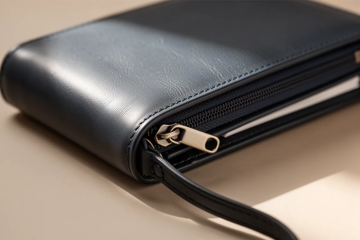 Détail d'une pochette zippée souple en matière synthétique sur cuir sombre