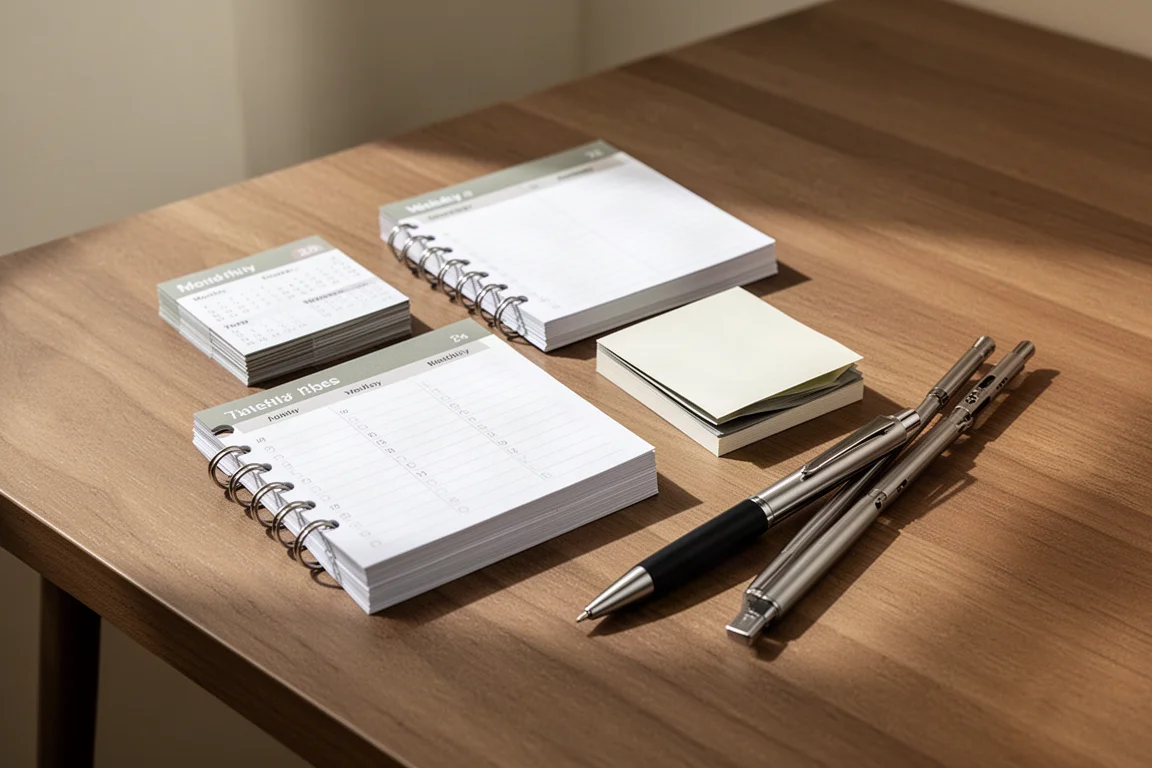 Recharges d'agenda et stylo multifonction disposés sur un bureau