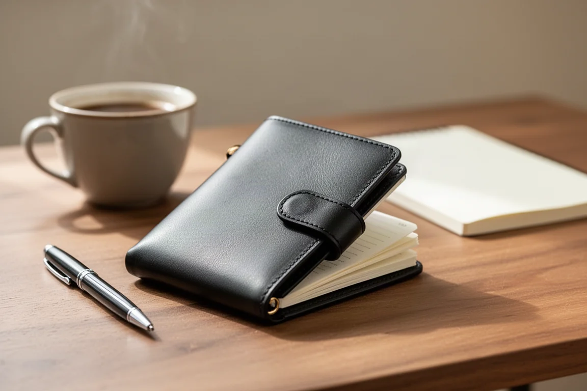 Agenda en usage quotidien sur un bureau avec café et carnet
