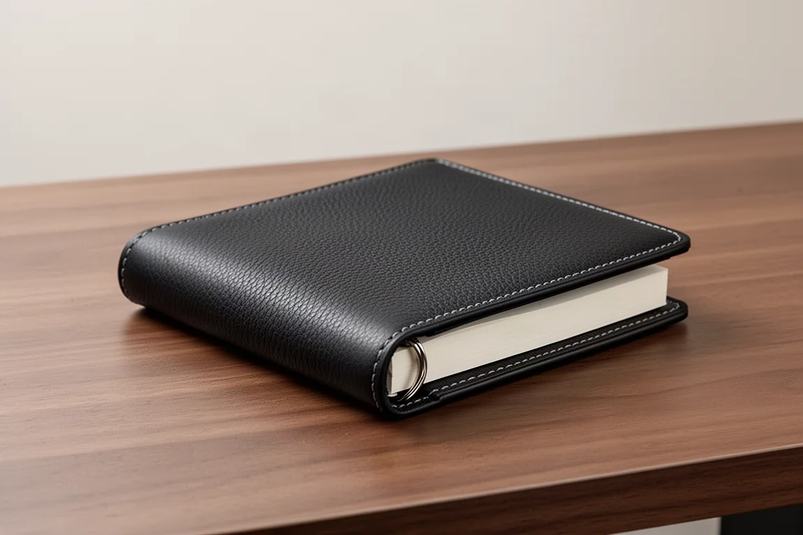 Compact black leather ring planner with grey stitching on a wooden desk