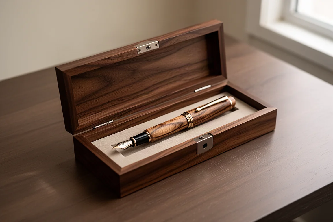 Vulpen liggend in een open houten bewaarbox met magnetisch deksel
