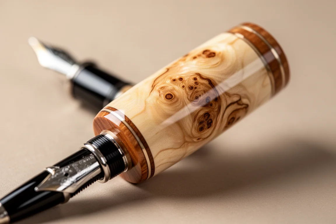 Close-up van gelakt houtnerf van Buckeye burl op de penhuls