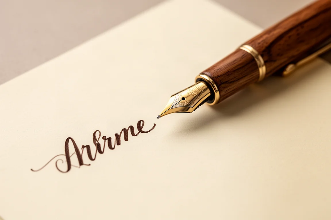 Vulpen schrijft een vloeiende inktlijn op crèmekleurig papier