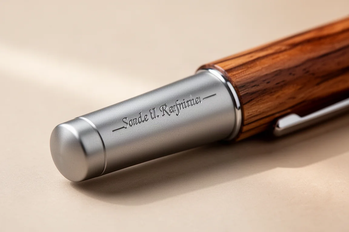 Titanium greepgedeelte met gegraveerde naam op een houten vulpen