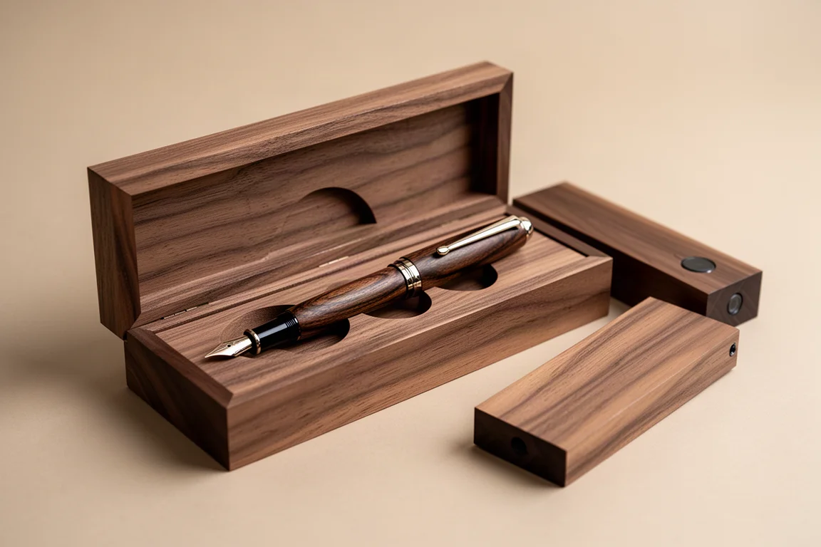 Fountain pen resting in a walnut presentation box with magnetic lid