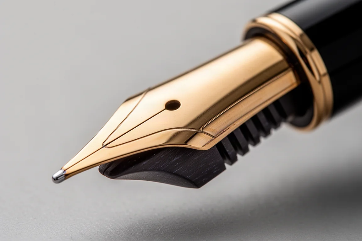 Close-up of a gold fountain pen nib and dark ebonite-style feed