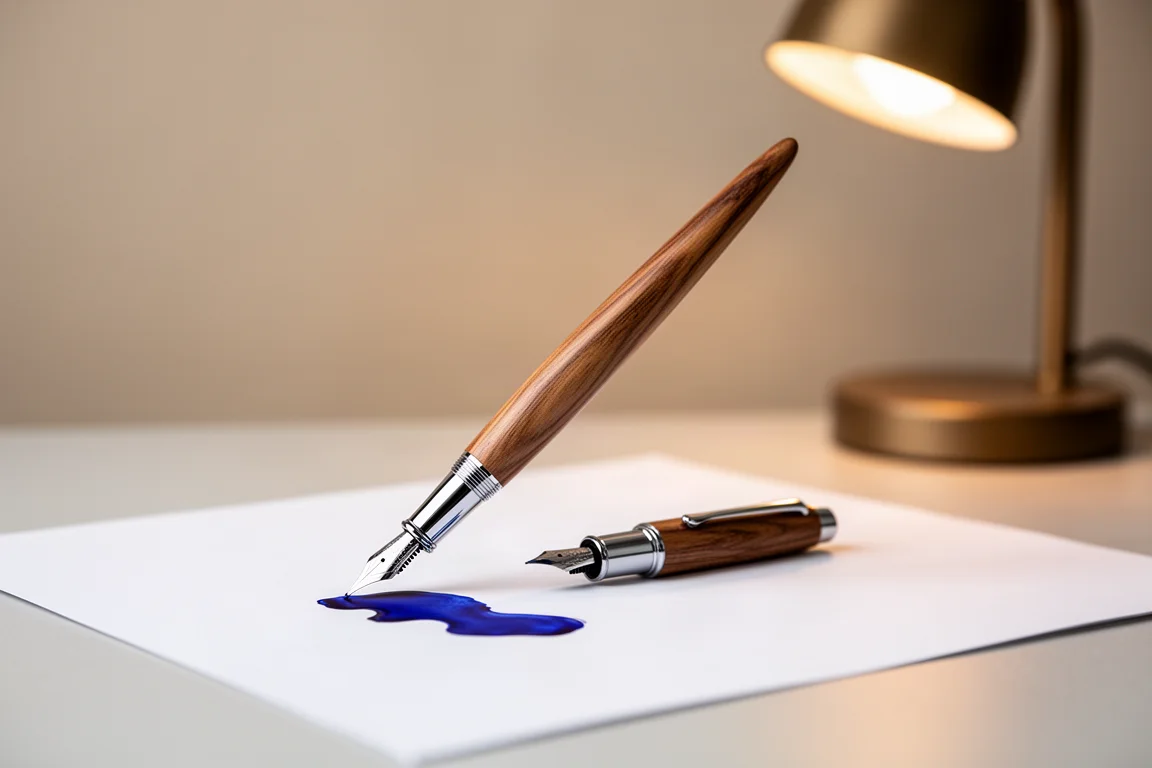 Hand holding a long wood-bodied fountain pen over a writing desk