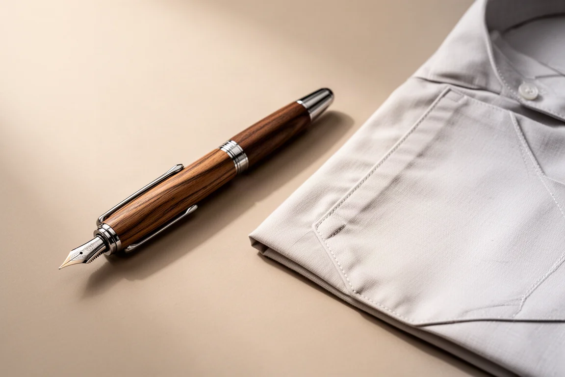 Fountain pen lying beside a shirt pocket to illustrate carry risk