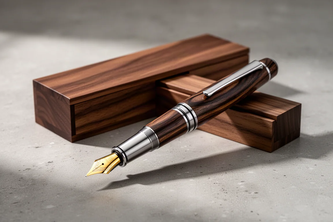 Ashira Oleatus fountain pen resting on its walnut presentation box