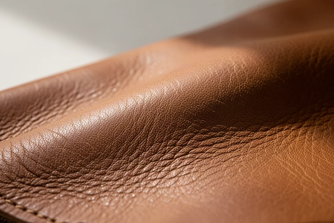 Close-up van rijk gemarmerd plantaardig geлоoid leer met natuurlijke textuur