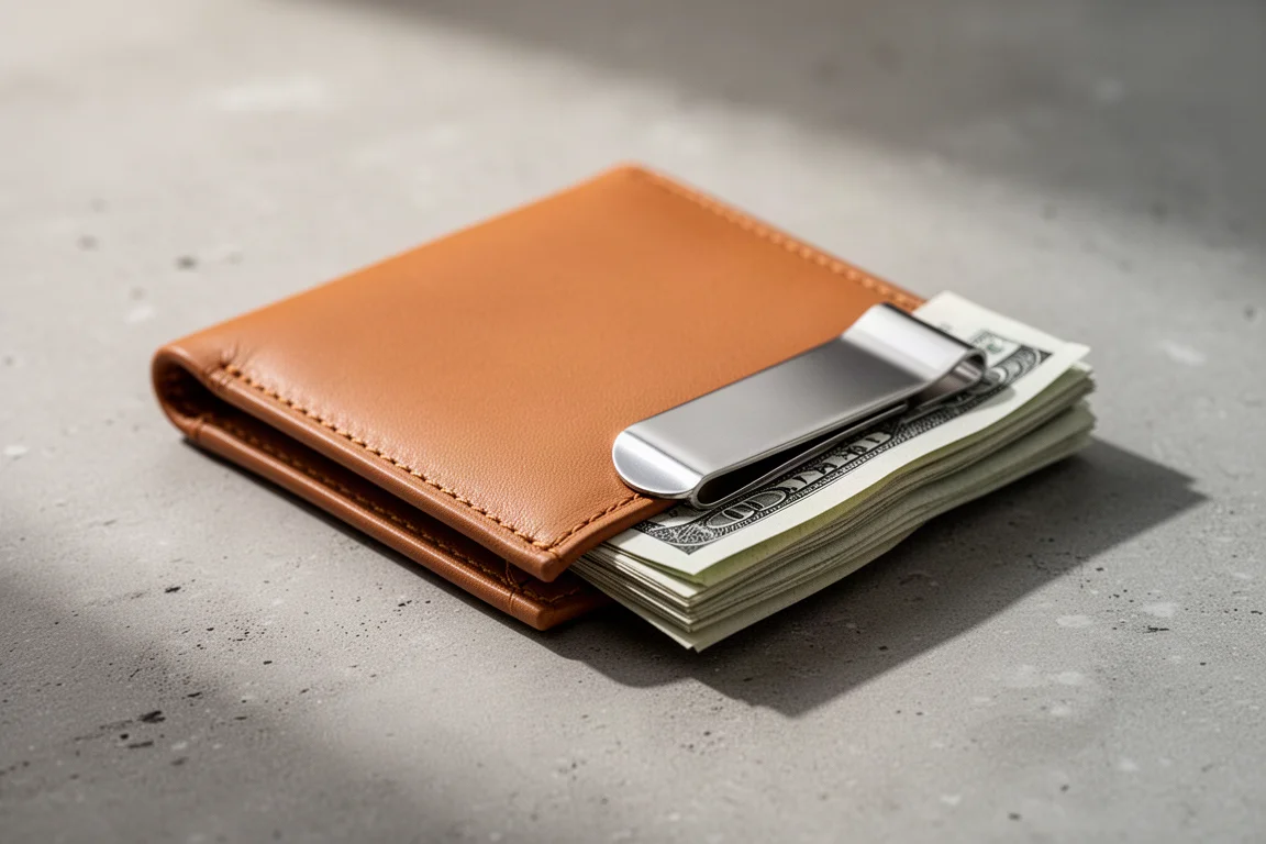 Gevouwen briefgeld in een money clip portemonnee met nikkel coating