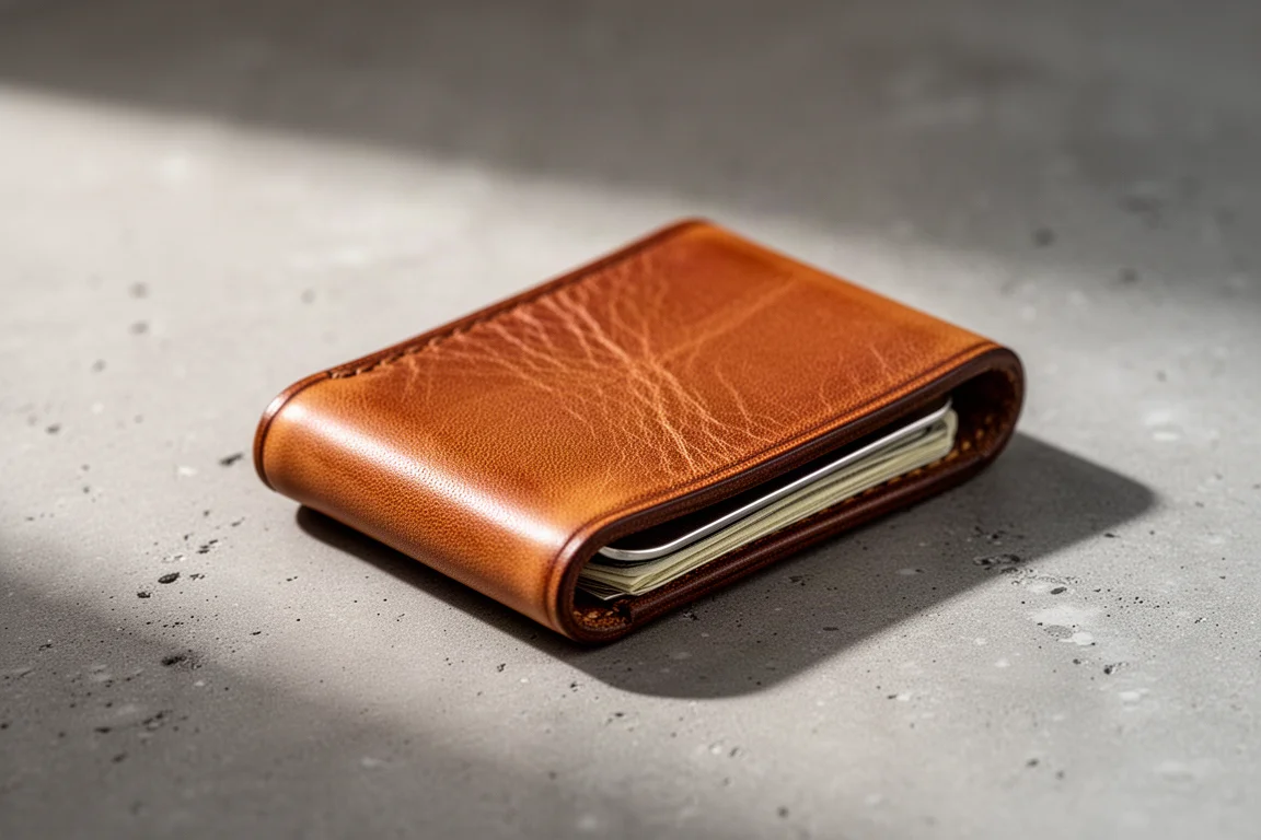 Tan full grain leather money clip wallet on a concrete surface