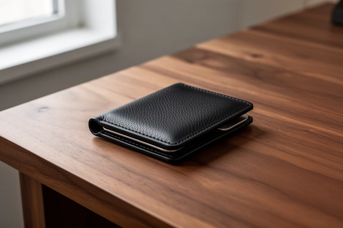 Vollnarbiges Leder-Money-Clip-Wallet geschlossen auf einem Holzschreibtisch bei sanftem Fensterlicht