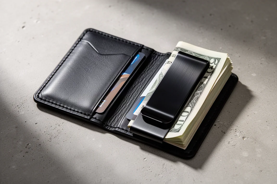 Geöffnetes Leder-Wallet mit sichtbaren Kartenfächern innen und einem Metall-Geldclip