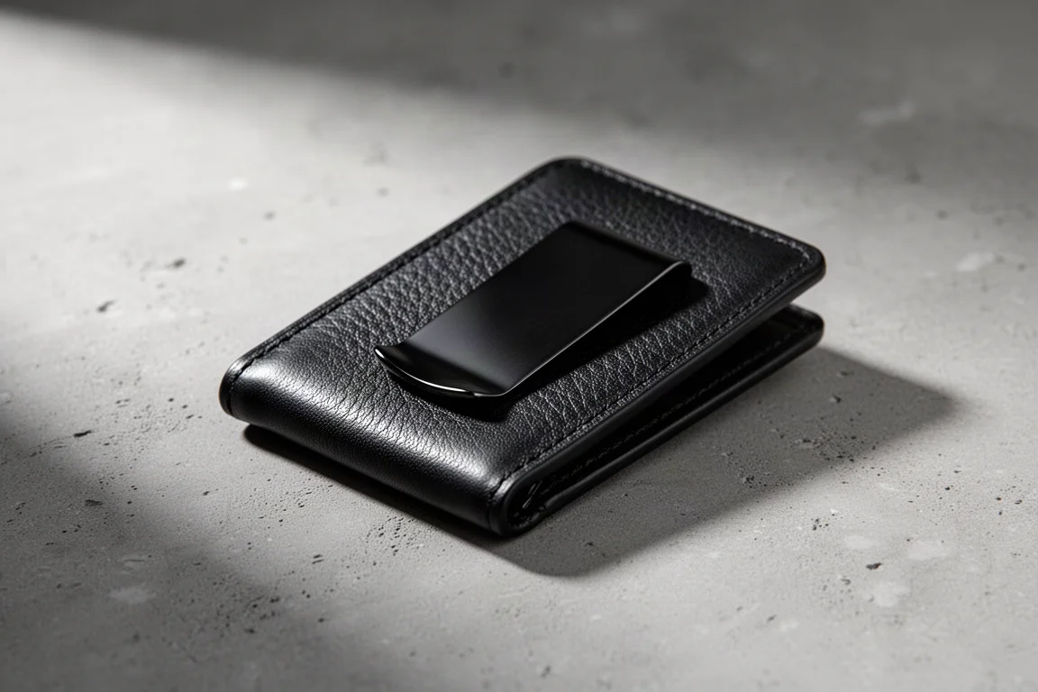 Black leather money clip wallet with metal clip on a grey concrete surface
