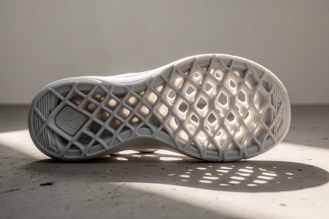 Ar fluindo pela estrutura de malha aberta de uma sandália impressa em 3D