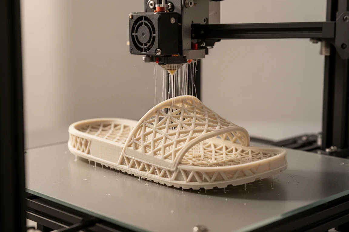 Impressora 3D construindo entremeado de entressola de calçado camada por camada