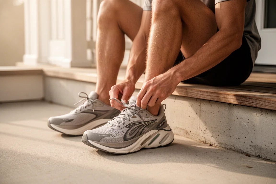 Un coureur lace une paire de chaussures de running modernes sur une véranda ensoleillée avant une sortie matinale