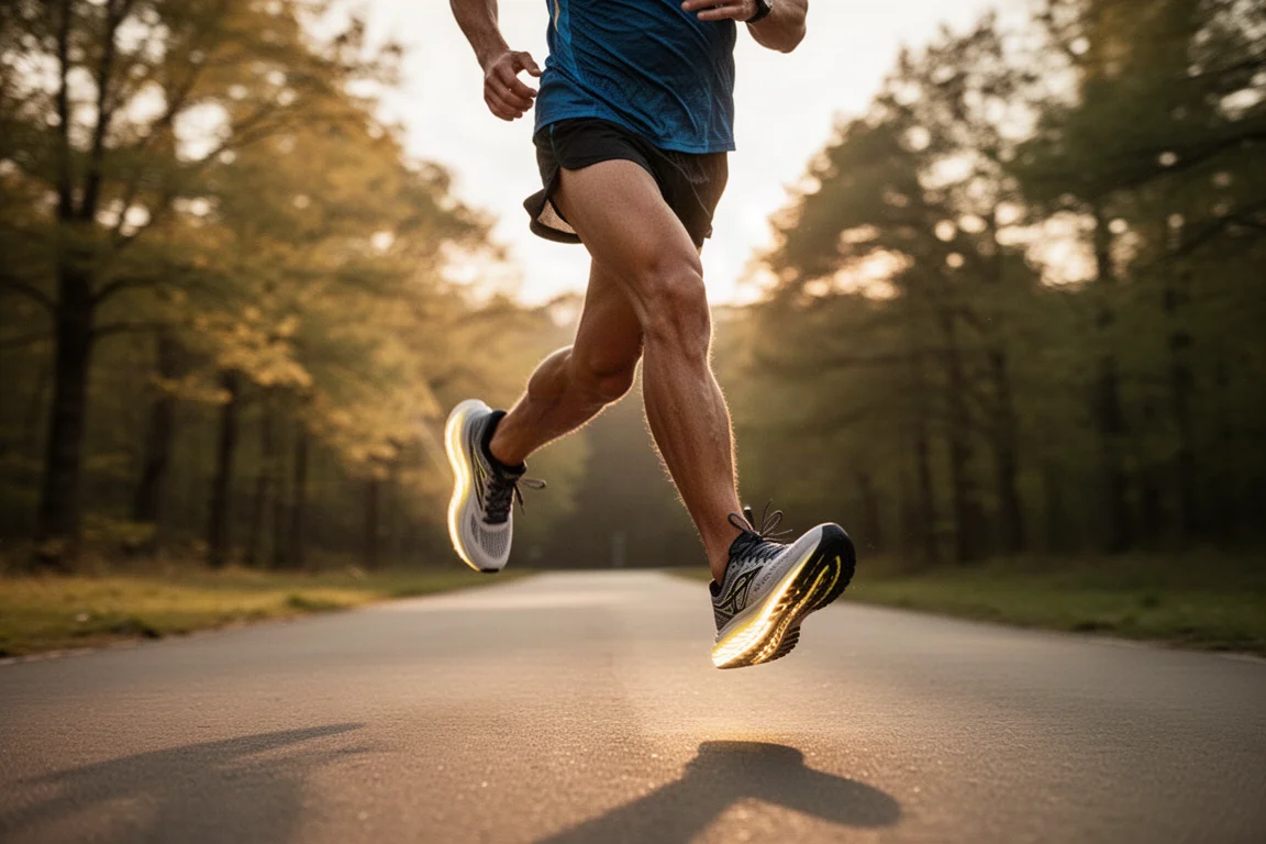 Un coureur effectue un tempo sur un chemin pavé dans la lumière de fin d'après-midi