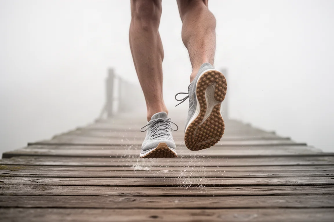 Les pieds d'un coureur en pleine foulée sur une passerelle de bois sous une légère brume matinale