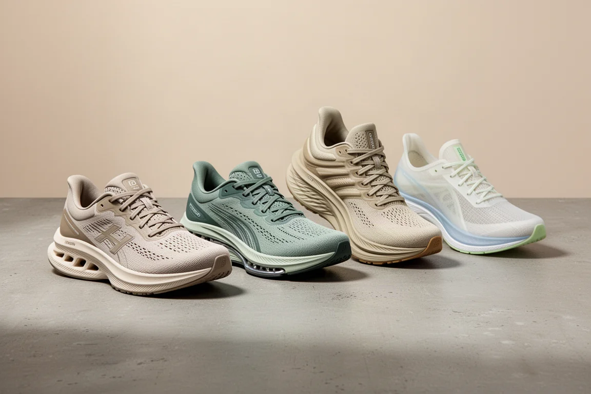 Four ASICS Blast running shoes arranged in a row on a concrete surface