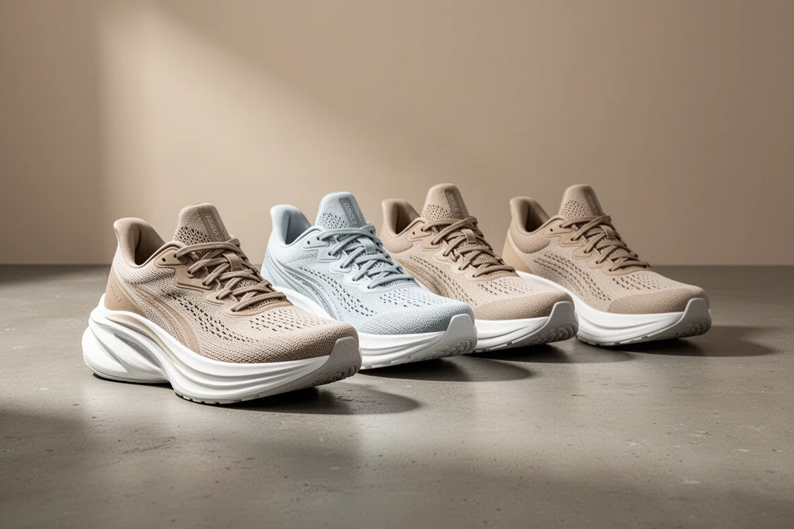 Four ASICS Blast running shoes lined up on a concrete surface