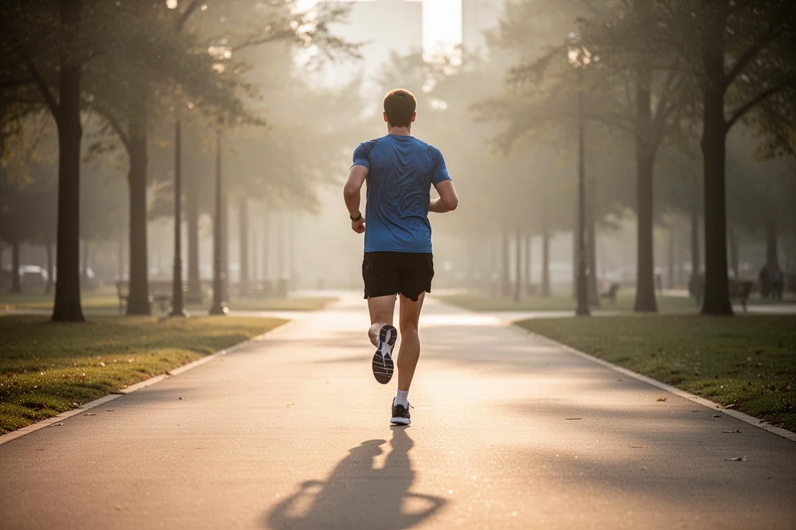 Runner easing into an easy-paced mile on quiet pavement in soft morning light