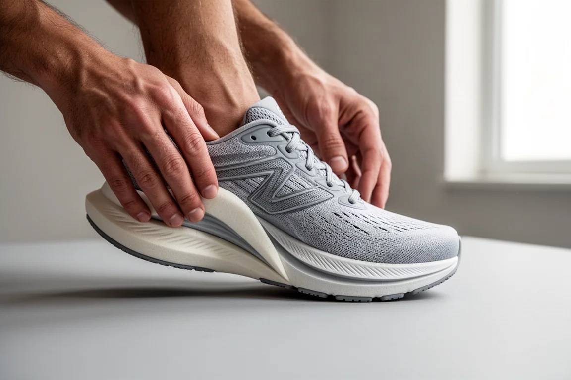 Close-up of a flexible forefoot bending on a cushioned running shoe midsole